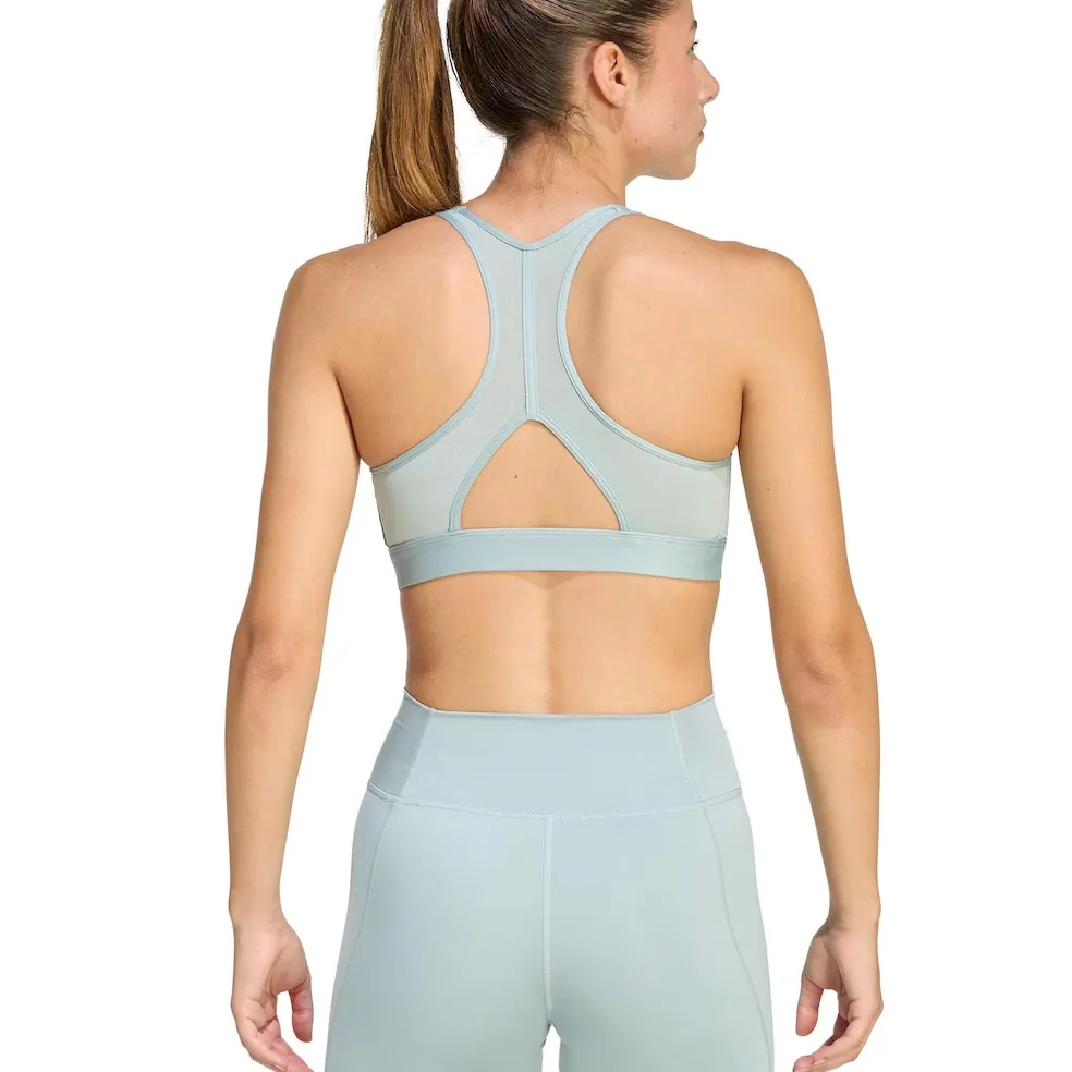 Vista lateral do top esportivo Adidas Powerreact Big Logo Feminino Verde com logo branco
